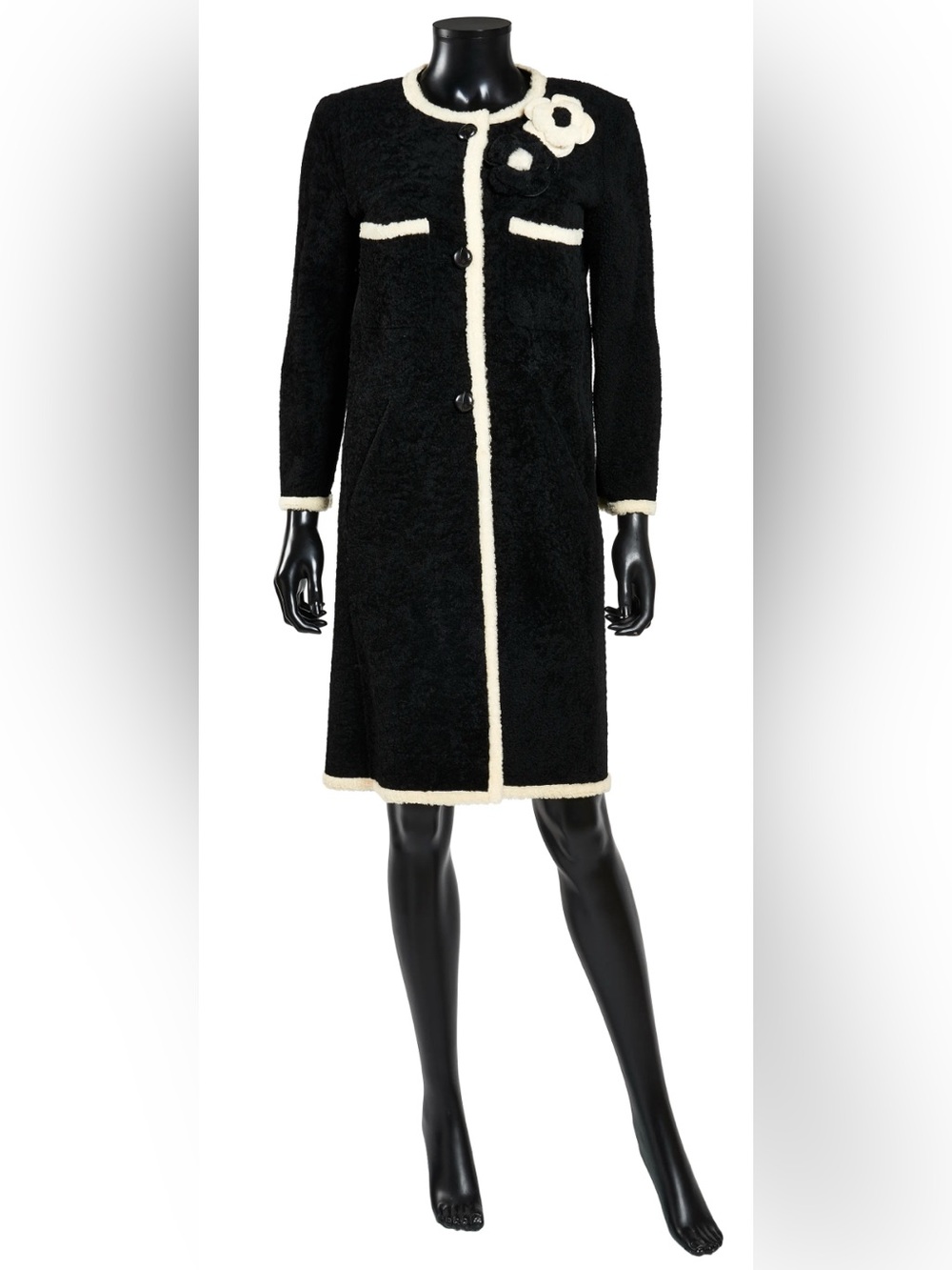 Chanel 48 shearling button coat camellia fur‎ brooches RARE VINTAGE A03